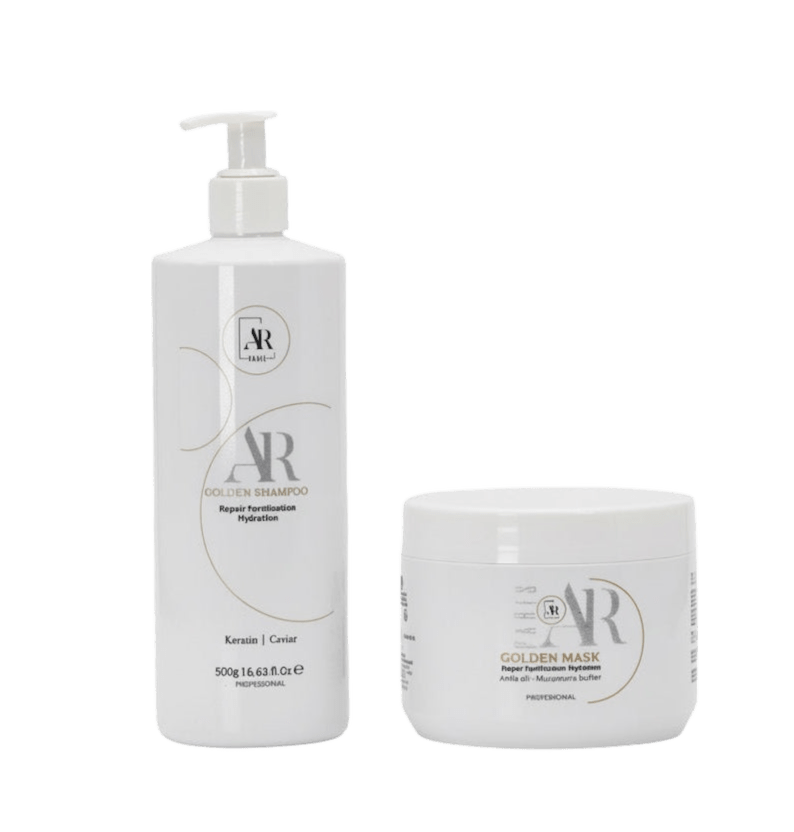 Shampoing et masque Golden AR Paris entretien du lissage sans sulfate hydratation et réparation des cheveux