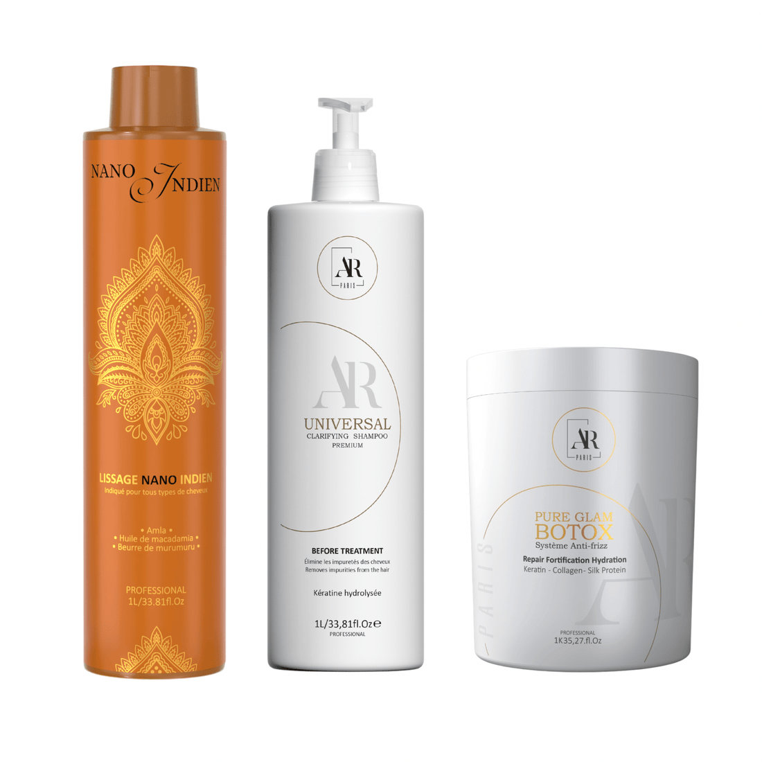 Pack 1L Lissage Nano Indien+ 1KG Botox Pure Glam + 1L Shampoing Universal