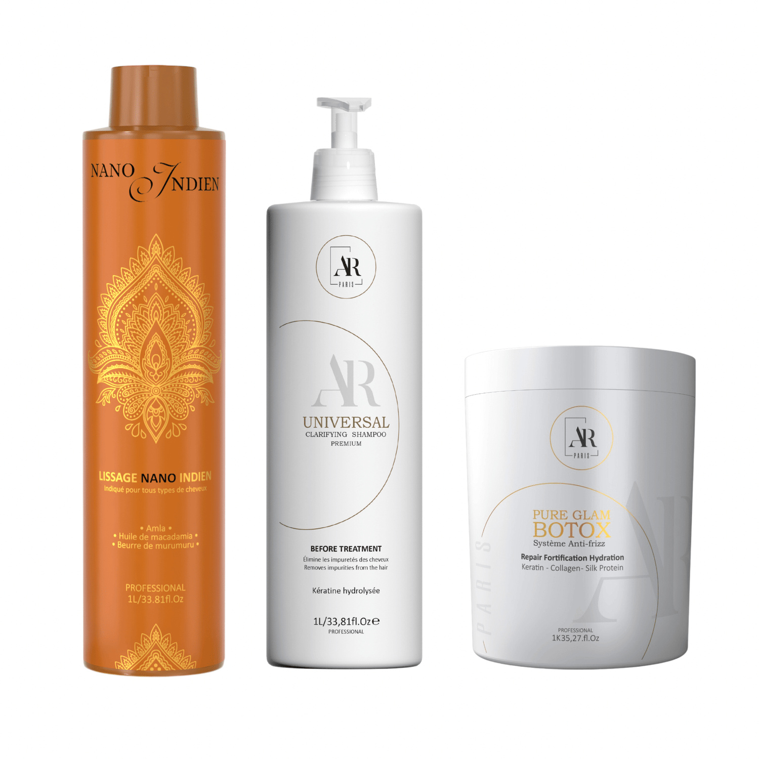 Pack 1L Lissage Nano Indien+ 1KG Botox Pure Glam + 1L Shampoing Universal