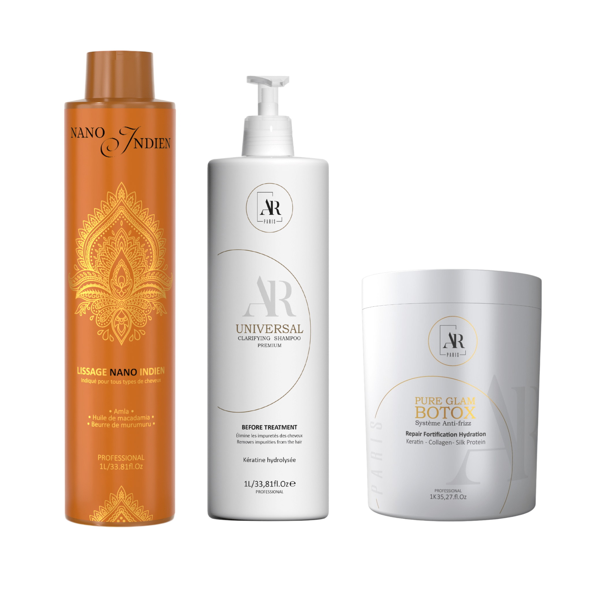 Pack 1L Lissage Nano Indien+ 1KG Botox Pure Glam + 1L Shampoing Universal
