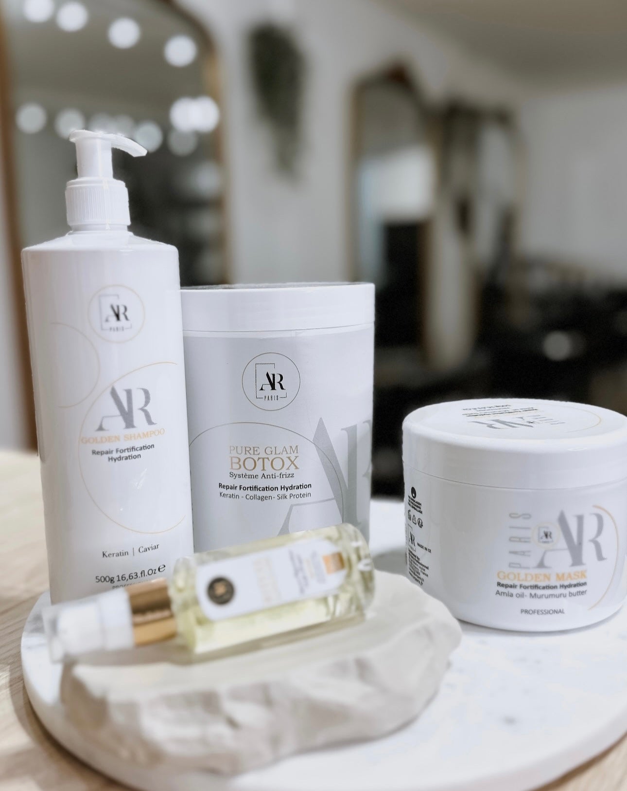 Botox capillaire AR Paris avec shampoing Golden, masque Golden et sérum huile d’argan