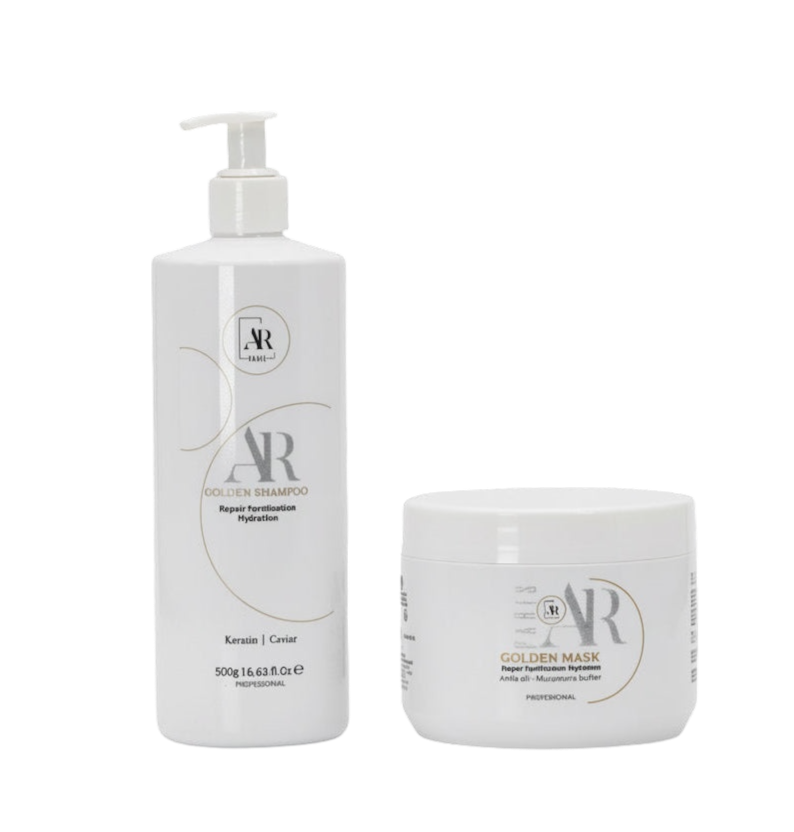 Shampoing et masque Golden AR Paris entretien du lissage sans sulfate hydratation et réparation des cheveux