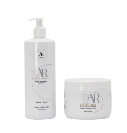 Shampoing et masque Golden AR Paris entretien du lissage sans sulfate hydratation et réparation des cheveux