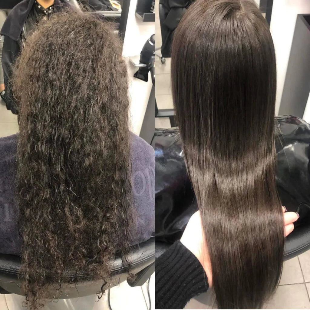 Résultat avant après lissage tanin professionnel AR Paris cheveux lisses brillants